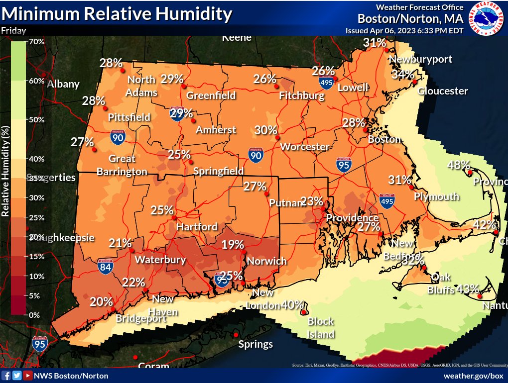 NWSBoston's tweet photo. Rather dry and windy conditions Friday will lead to an elevated fire weather risk. A Fire Weather Watch is in effect for all SNE Friday. Any fires that develop have the potential to spread rapidly. https://t.co/Y9LW0g4PN3