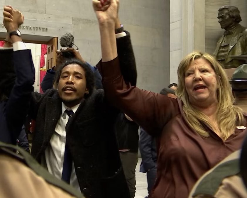 CalltoActivism's tweet photo. Are you fucking kidding me? Tennessee House Republicans Expel Rep. Justin Jones but NOT Rep. Gloria Johnson. 

Can they be any more blatantly racist? https://t.co/uiH1h8A8ys