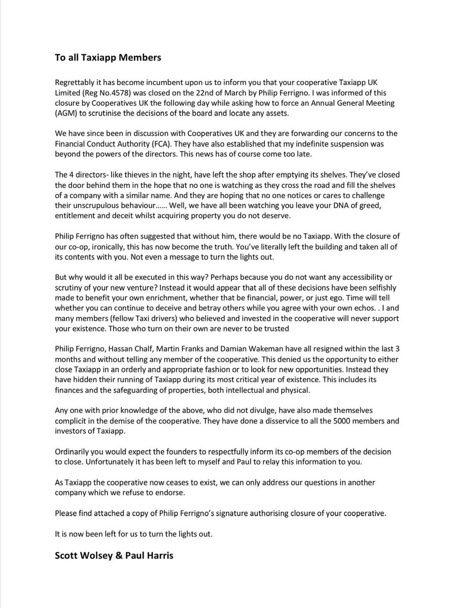 Paul Harris (@paulharrisjp) on Twitter photo The cooperative Taxiapp UK Ltd has been closed by Phillip Ferrigno below is a statement by <a href="/67Wolsey/">Scott Wolsey</a> and myself.
mutuals.fca.org.uk/Documents/Down⦠The cooperative Taxiapp UK Ltd has been closed by Phillip Ferrigno below is a statement by <a href="/67Wolsey/">Scott Wolsey</a> and myself.
mutuals.fca.org.uk/Documents/Downβ¦