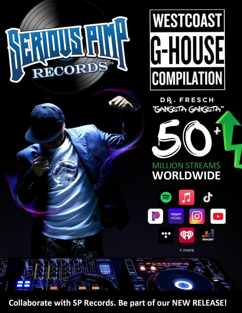 SeriousPimp's tweet photo. "Westcoast G-House Compliation" hits 50+ MILLION STREAMS Worldwide!! We're looking to sign hot new DJ's &amp; Producers to collab on new album... Now is YOUR chance!! - Send mixtape / links / samples to: info@seriouspimprecords.com https://t.co/DVi7uxkK5Z