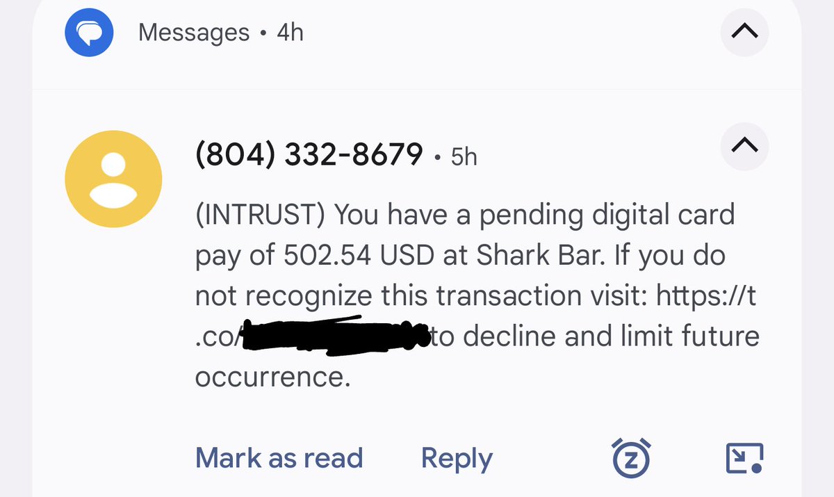 adammessinger's tweet photo. Most folks here probably already know that https://t.co/hUhBTahJCO is Twitter's URL shortener. But tell your less tech savvy friends and fam — if you get a text like this, ignore it. Teach them how to do a whois lookup for suspect links &amp; what *makes* a link sus. #scam #phishing https://t.co/yCXQWLrAIy