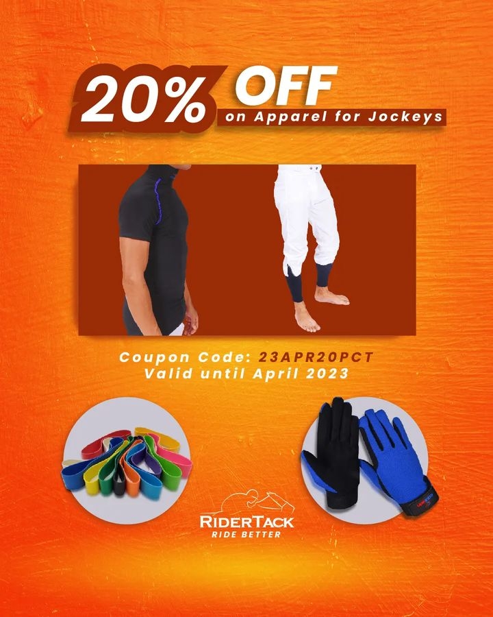 RiderTack's tweet photo. To redeem this coupon,  just add any product from the #Apparel for #Jockeys category to your  shopping cart and apply this code before placing your order 23APR20PCT / Valid until April 2023
#RiderTack #JockeyApparel #RiderTackJockey #HorseRiding #Equestrian #RideBetter #RideSafe https://t.co/HDQOekLb1Y