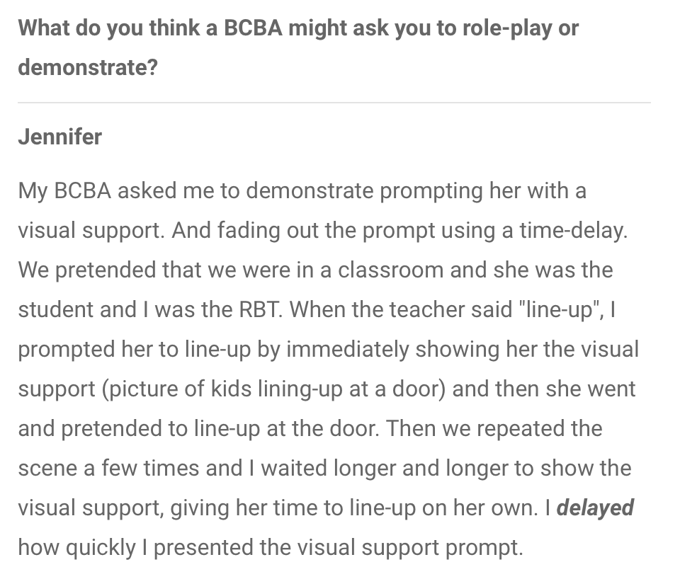 Competency #12 - My BCBA asked me to demonstrate prompting her with a visual support. And fading out the prompt using a time-delay. We pretended that we were in a classroom and she was the student and I was the RBT. When the teacher said "line-up", ...