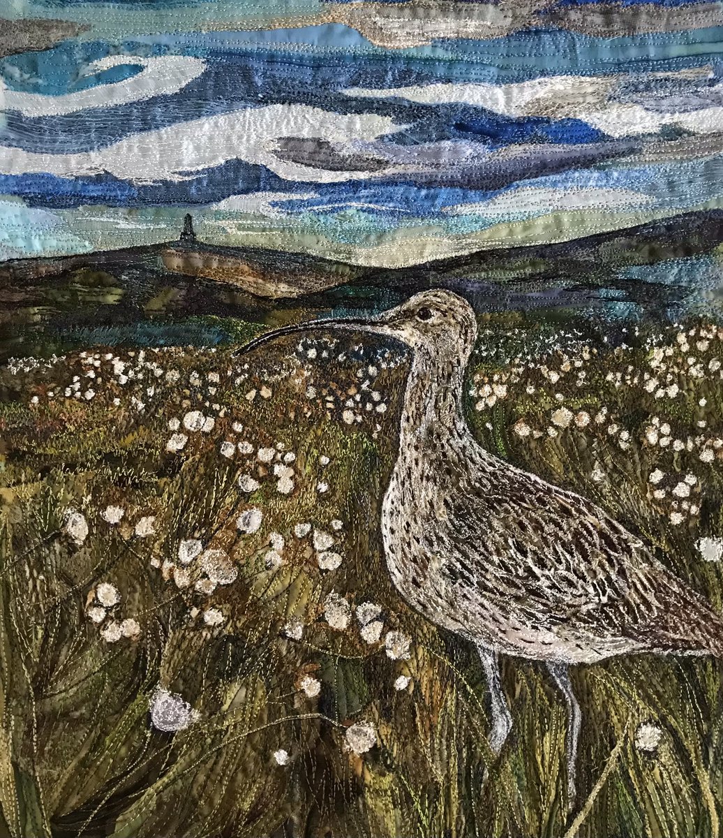 Finally finished this commission piece of a curlew in cotton grass. #stitchedart #embroideredtextileart #textileartist #machineembroidery #fabricandstitch #curlew #freemotionembroidery