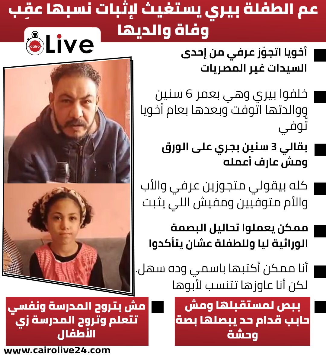 cairo24_'s tweet photo. عم الطفلة بيري يستغيث لإثبات نسبها عقِب وفاة والديها: نفسي تتعلم وتروح المدرسة زي الأطفال https://t.co/QMG5PREXav