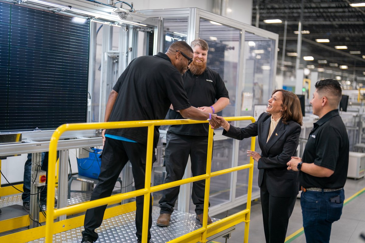 VP46Archive's tweet photo. When we invest in clean energy, we invest in America.
 
Since taking office, @POTUS and I have created more than 12 million good-paying jobs – and American manufacturing is growing faster than it has in decades. https://t.co/Gc7Qc31s1l
