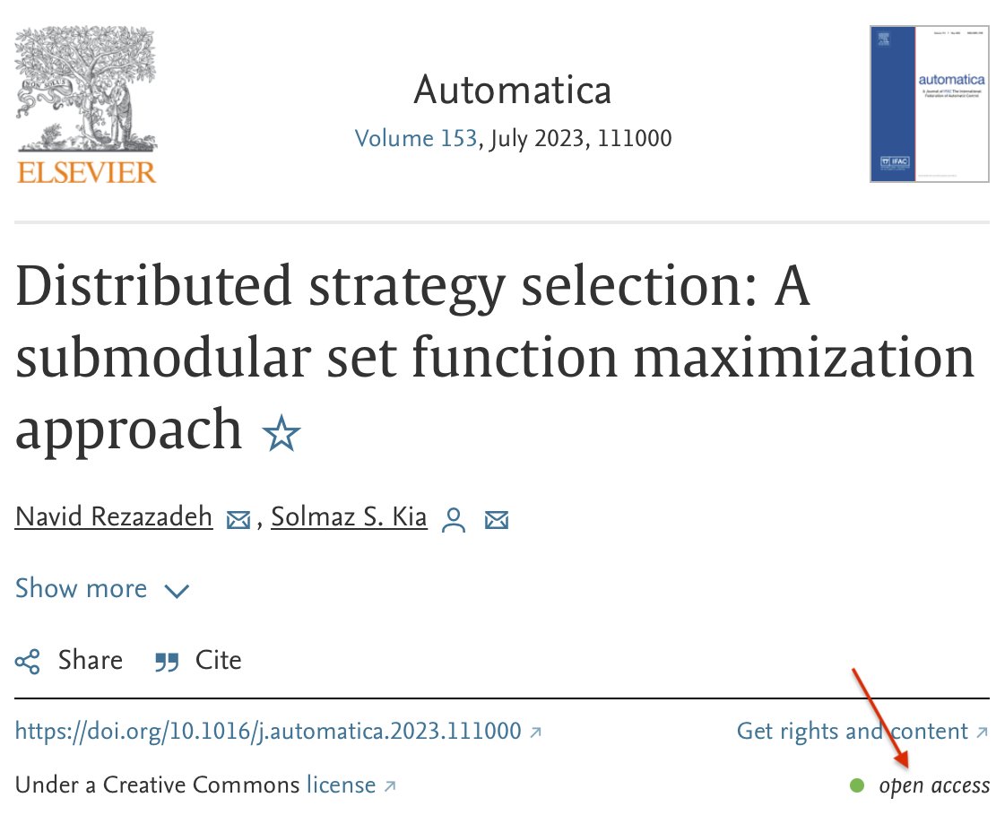 Solmaz_S_Kia's tweet image. Thanks to the deal between the UC and Elsevier, now UC faculty&apos;s Elsevier papers are available open access. If interested in distributed submodular maximization, check our new Automatica @IFAC_Control paper, open access! sciencedirect.com/science/articl…
#MAEUCI #DistributedOptimization