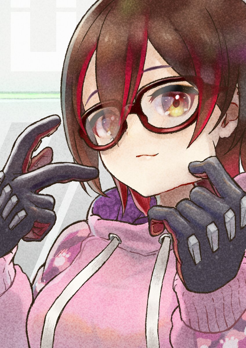 roboco-san 1girl solo brown hair glasses pink hoodie hood hoodie  illustration images