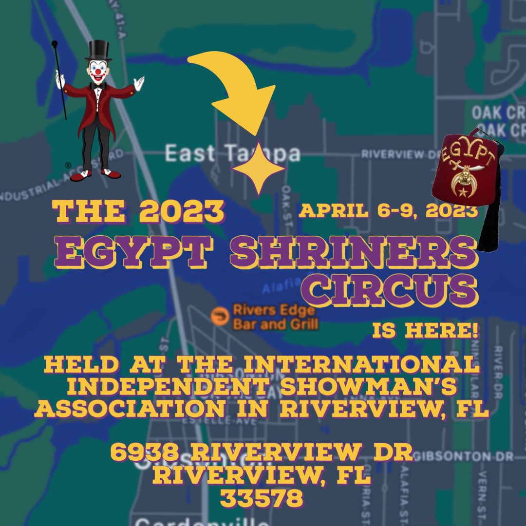 EgyptCircus's tweet photo. 🎪This year’s Egypt Shrine Circus is being held at the International Independent Showman’s Association at 6938 Riverview Dr
Riverview, FL 33578 April 6-9th 2023!

#circus #shriners #shrinerscircus #shrinecircus #tampa #tampabay #florida https://t.co/gEYbgJd75y