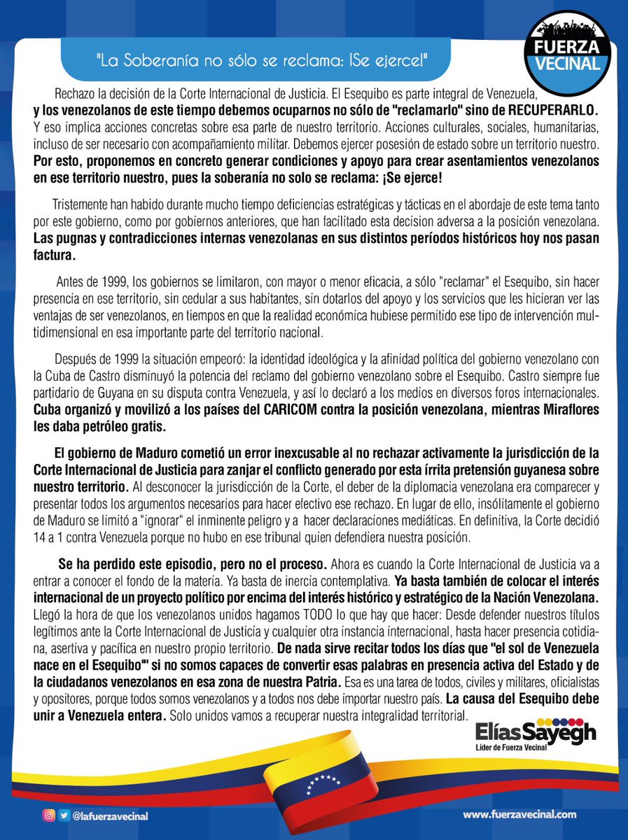 Proponemos en concreto generar condiciones y apoyo para crear asentamientos venezolanos en ese territorio nuestro, pues la soberanía no solo se reclama: ¡Se ejerce!. #ElEsequiboEsNuestro
