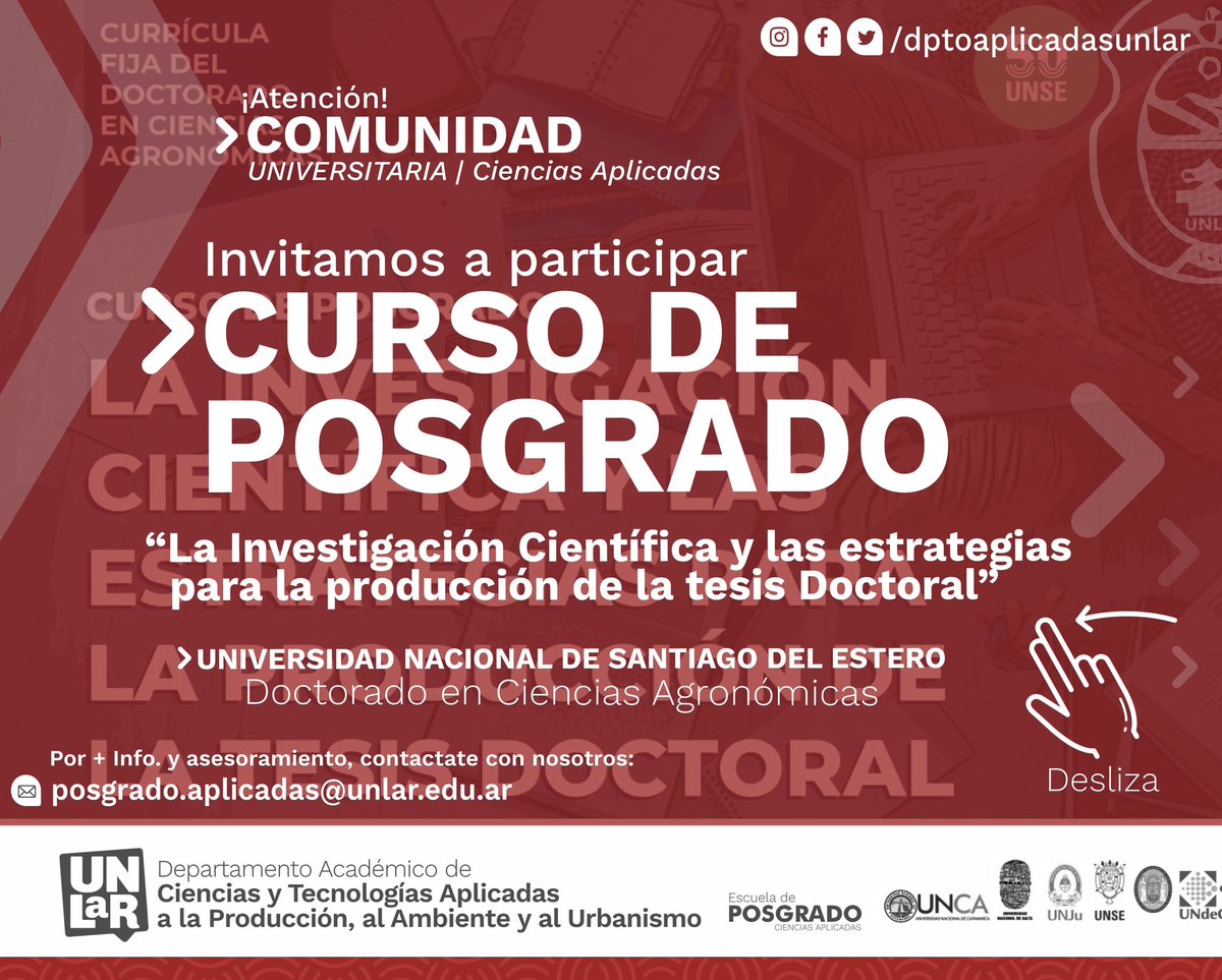 DptoUnlar's tweet photo. 🔺CURSO DE POSGRADO | LA INVESTIGACIÓN CIENTÍFICA Y LAS ESTRATEGIAS PARA LA PRODUCCIÓN DE LA TESIS DOCTORAL:

+ info https://t.co/U0dJ48DIAF

🔺Posgrado Aplicadas
🔺Gestión Aplicadas | 2023 https://t.co/ZY0T0sPBxq