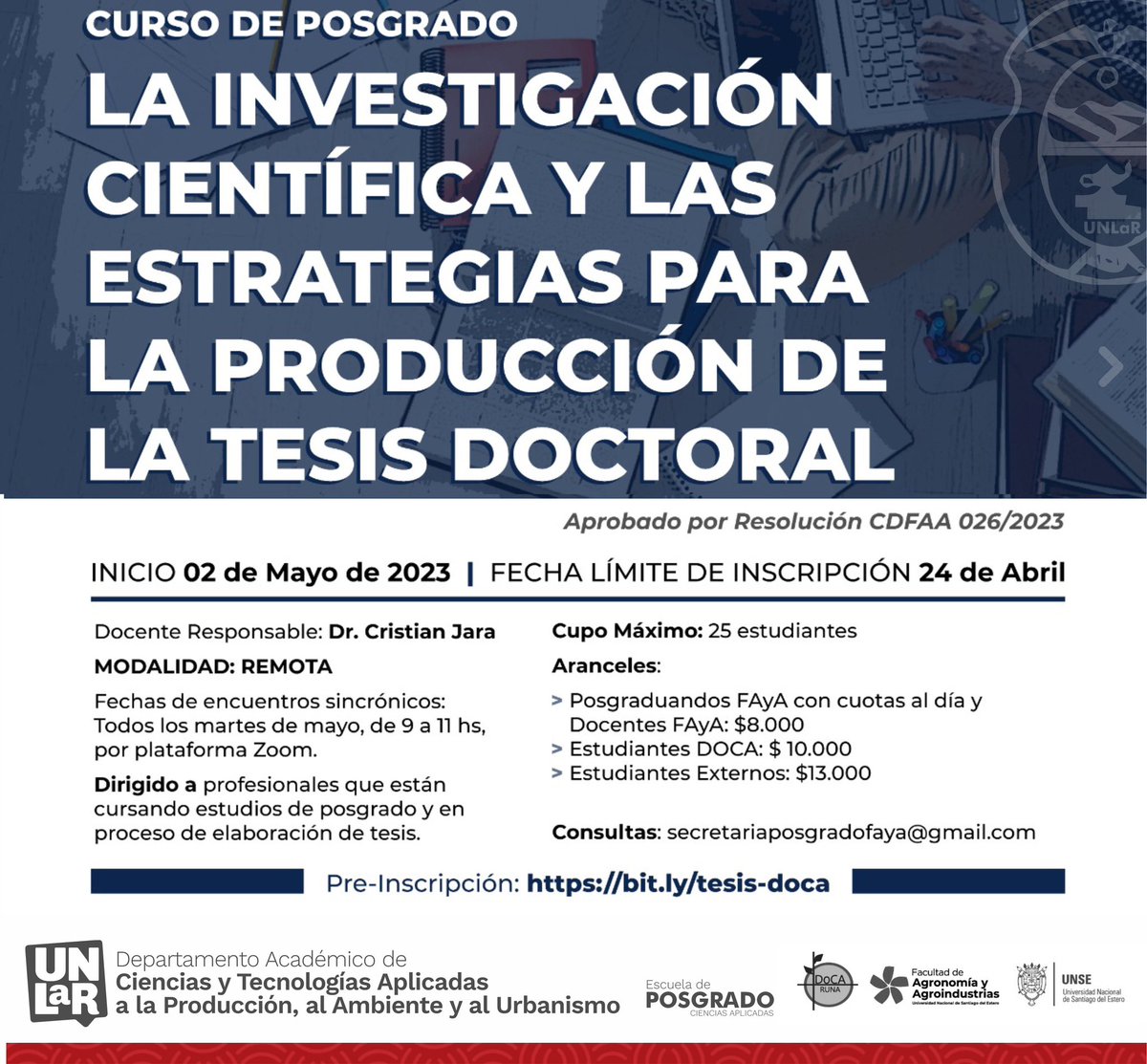 🔺CURSO DE POSGRADO | LA INVESTIGACIÓN CIENTÍFICA Y LAS ESTRATEGIAS PARA LA PRODUCCIÓN DE LA TESIS DOCTORAL:

+ info instagram.com/p/CqtmwByOXev/…

🔺Posgrado Aplicadas
🔺Gestión Aplicadas | 2023