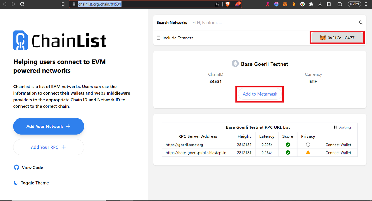 cryptoholic2200's tweet image. 🔍 Step 1: Add Base Goerli Testnet to your blockchain activities using Chainlist. Connect your wallet, and select "add network." That's it! #Base #Goerli #Chainlist