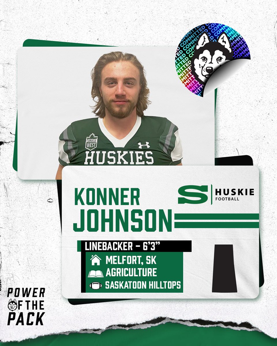 🚨RECRUIT ALERT 🚨 

He was the 2022 PFC and CJFL Defensive Player of the Year and now he’s a Huskie! From the Sasktoon Hilltops, our newest recruit Konner Johnson. 

#HuskiePride #PowerofthePack