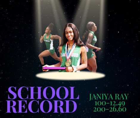 SCHOOL RECORD!!!!

Congratulations to JR Janiya Ray on breaking the school record in the women’s 200m dash. As well as her previous school record for the women’s 100m dash. This is only the beginning of our journey.  <a href="/JaniyaRay3/">JRayy 🦄</a> 

#SwampFamily 🐊💜💚