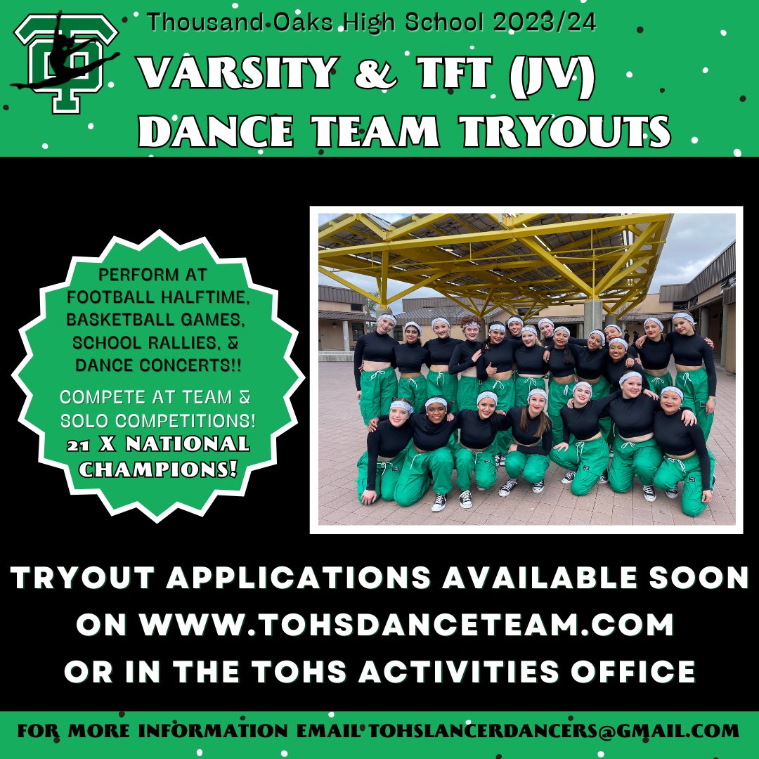 ATTENTION DANCERS! SAVE THE DATE FOR OUR VARSITY &amp; TFT(JV) TRYOUTS FOR THE 23-24 SEASON! Tryout applications will be available soon on our website, in the activities office or in the GAR from Murphy or Jmac! Swipe for more info &amp; stay tuned for updates!💚🌳 #TODT #LANCERDANCERS