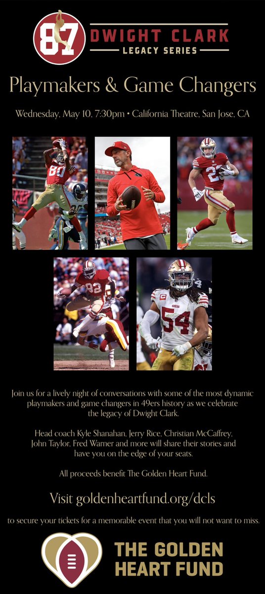 If you are a @49ers fan or love football, you do not want to miss this. The 3rd Annual Dwight Clark Legacy Series on Wednesday, May 10th, at 7:30 pm will be an epic event for a great cause. Tickets $87 -at GoldenHeartFund.org/DCLS #DC87LegacySeries #49ers #FTTB #GoldenHeartFund