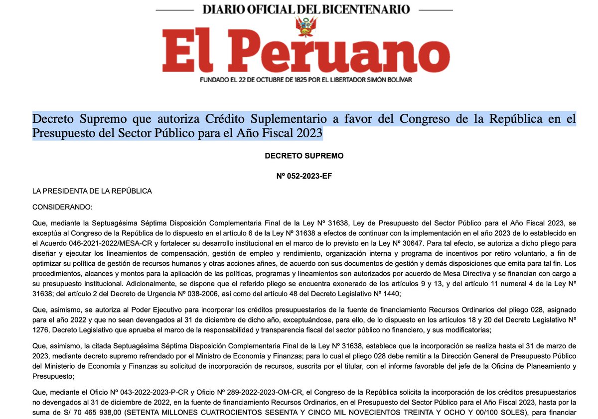 martinhidalgo's tweet photo. Algo que ha pasado desapercibido en la última semana: cuatro días antes de votarse la admisión de la moción de vacancia, la presidenta Dina Boluarte promulgó un decreto supremo que autorizó un crédito suplementario millonario a favor del Congreso. https://t.co/vn97WVteIk