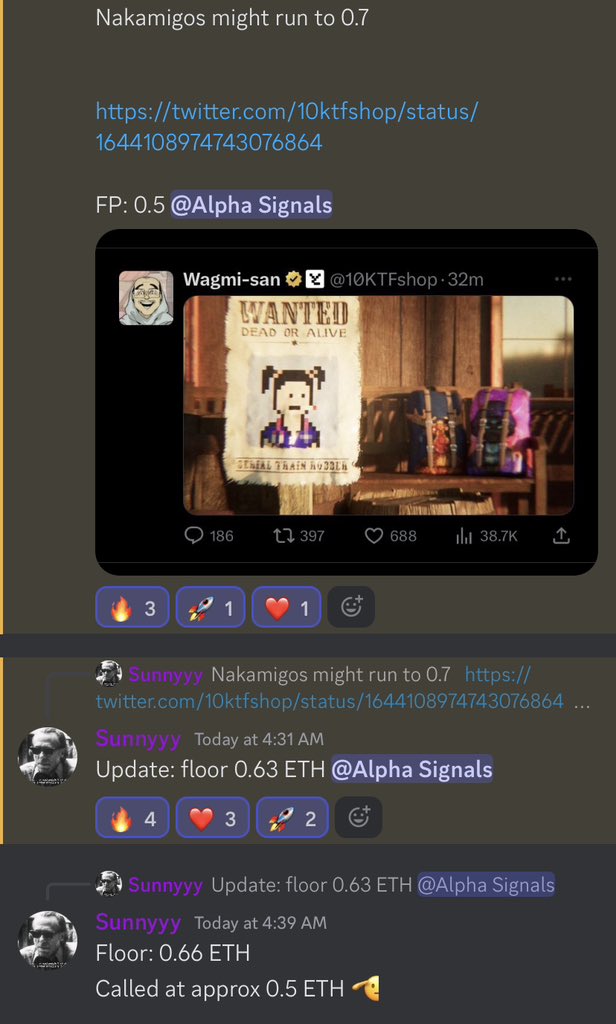 My bois won’t leave a profit making opportunity 😉 

Nakamigos run predicted by Sunny. Floor went from 0.5 to 0.66 in minutes🏃

Comment “Antilia” to win an NFT