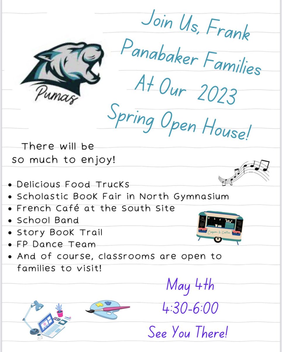 Panabaker_HWDSB's tweet image. Save the date 🗓️ Our Spring Open House is taking place Thursday, May 4th from 4:30-6pm! Food trucks, Scholastic Book Fair, and much more! We can’t wait to see you there 🏫