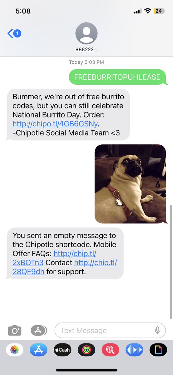 nick2escobar's tweet photo. @ChipotleTweets Can’t trust Alex, Fia, Scott, Chris &amp; Sheldon anymore…

@qdoba what are the chances you have a social media team made up of a Aiden, Zara, Trevor, John, and Darian that would actually give out real codes for burritos? https://t.co/haIiE3mLvX