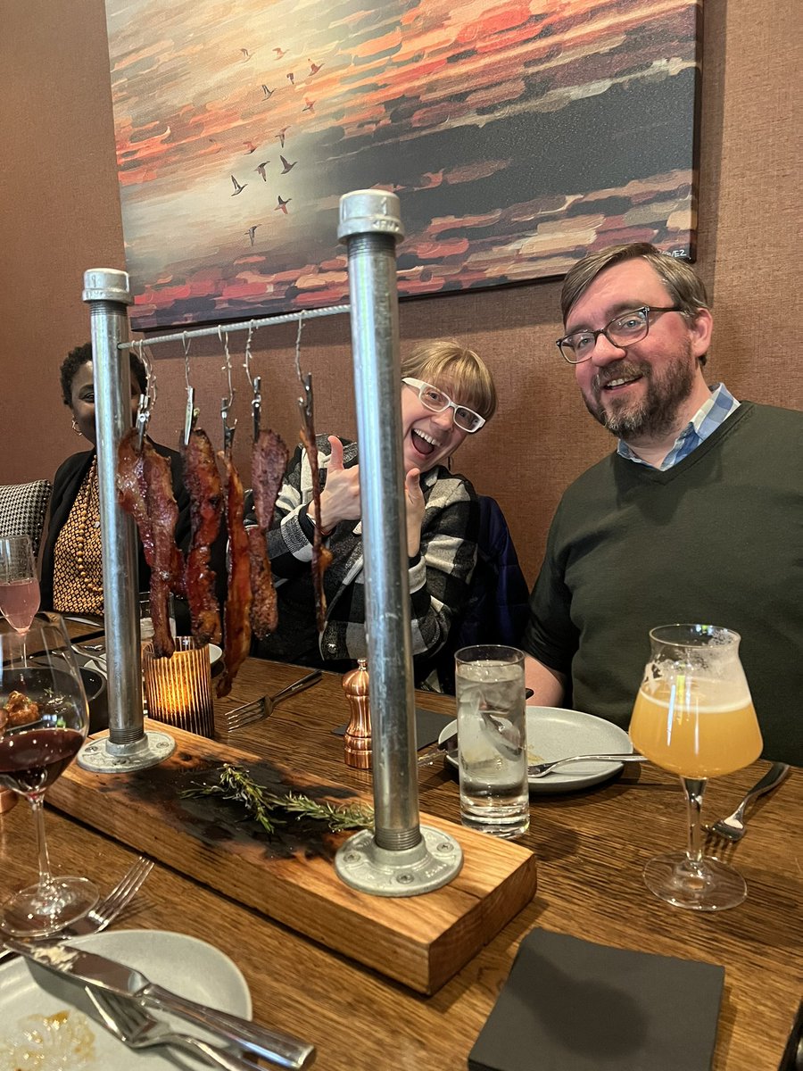 The bacon is flowing with @DrJennyRoss and Scott Forth. Excited for Scott’s talk tomorrow at 11 in Physics!