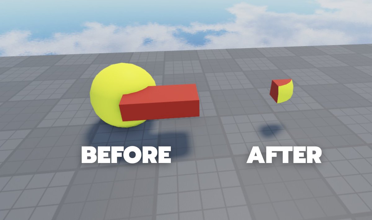 MONT3REY's tweet image. #Roblox #RobloxDev #RobloxUpdate
Heres something most people don't know about.
Roblox has added a new intersect feature in Roblox Studio. It basically just makes the overlapping part of two blocks, a part. Heres some examples: