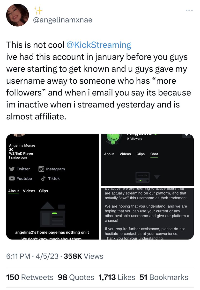 JakeSucky's tweet photo. A Kick streamer has called out the site for giving away her username to a more popular streamer who has the same name on Twitch https://t.co/3MtT0Obb0y