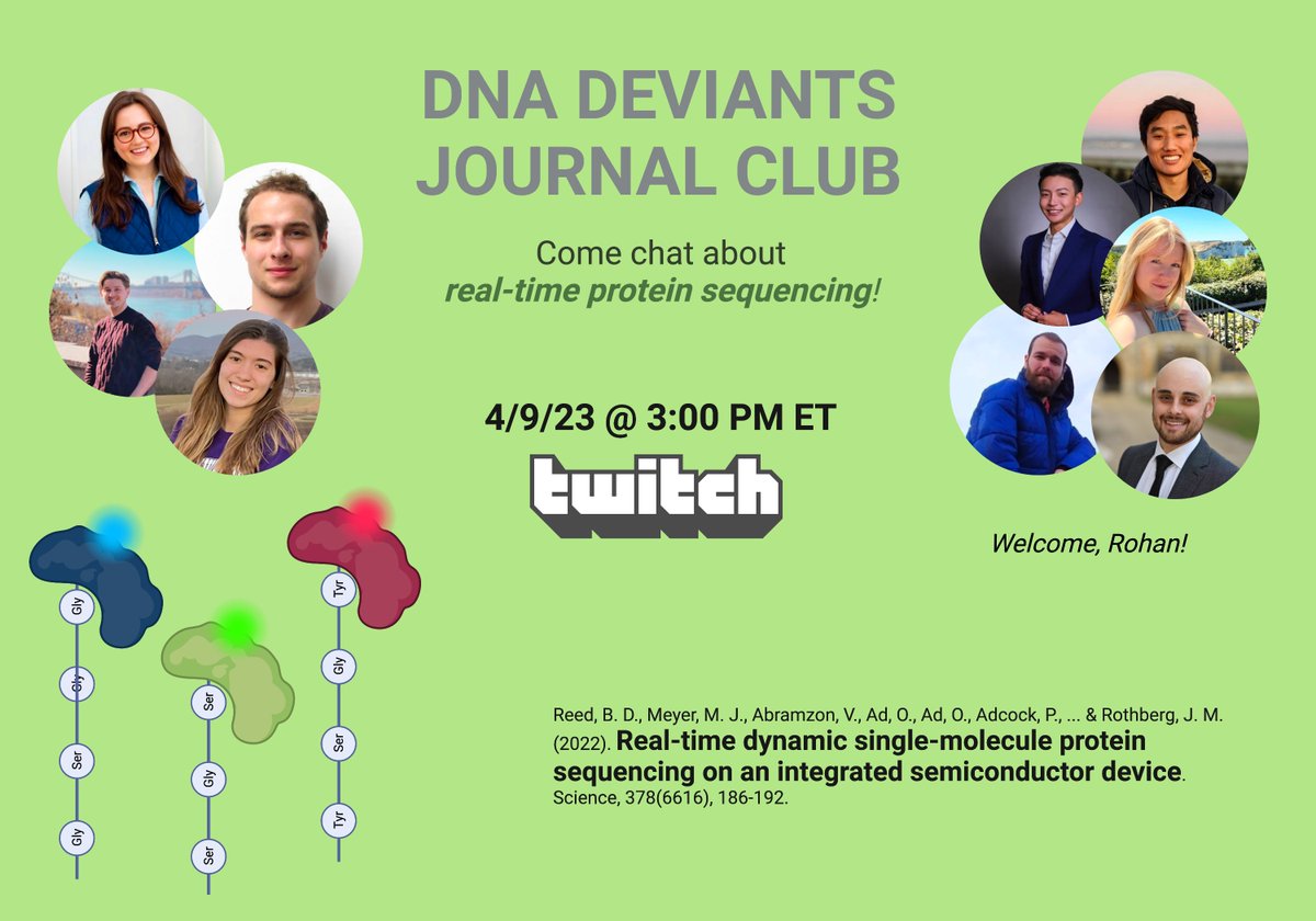 katclone's tweet photo. And then there were 9.... 

@DnaDeviants #SynBio Journal Club this Sunday (4/9) at 3PM ET with new core mod team member, @RohanKrajeski!!!

@will_barrcode will be leading the discussion about a new real-time single molecule protein sequencing method: https://t.co/Dbsirgen5y https://t.co/iJ6Yf3gKCP
