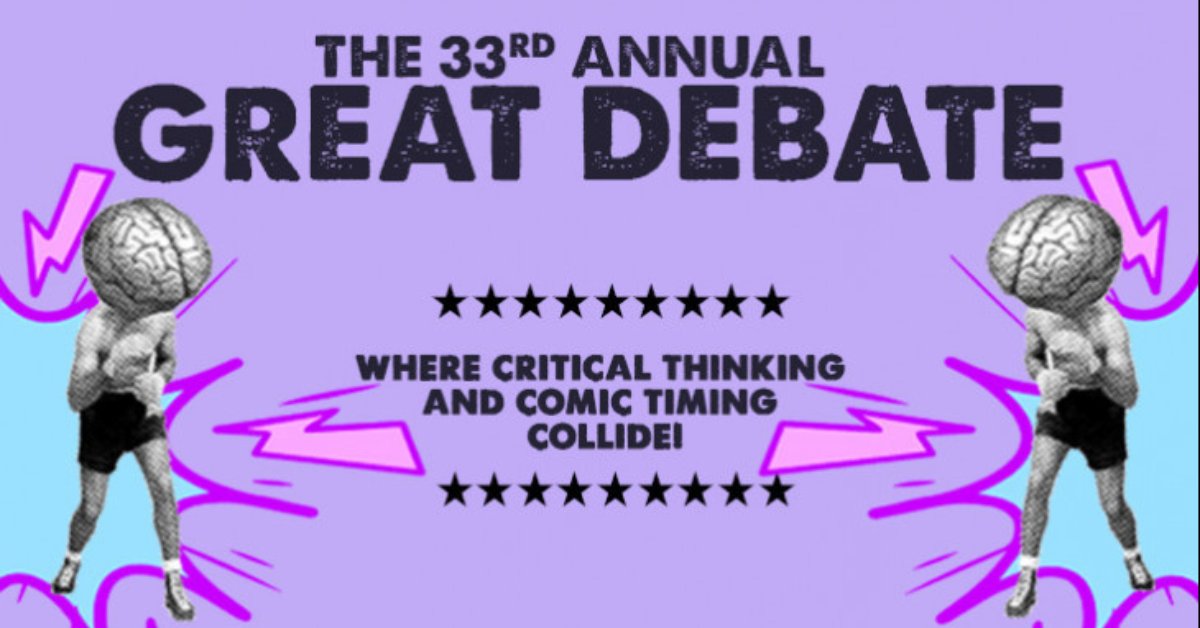 StageTravel's tweet photo. A clash of comedians. A battle of brains. A scuffle of syntax. It’ll be a barney for the ages.

The Great Debate – where critical thinking and comic timing collide.

Get your tickets now!
https://t.co/g8u5BQ9Jcp

#BorntoPerform #EntertainmentTravel https://t.co/o0441FQlCw