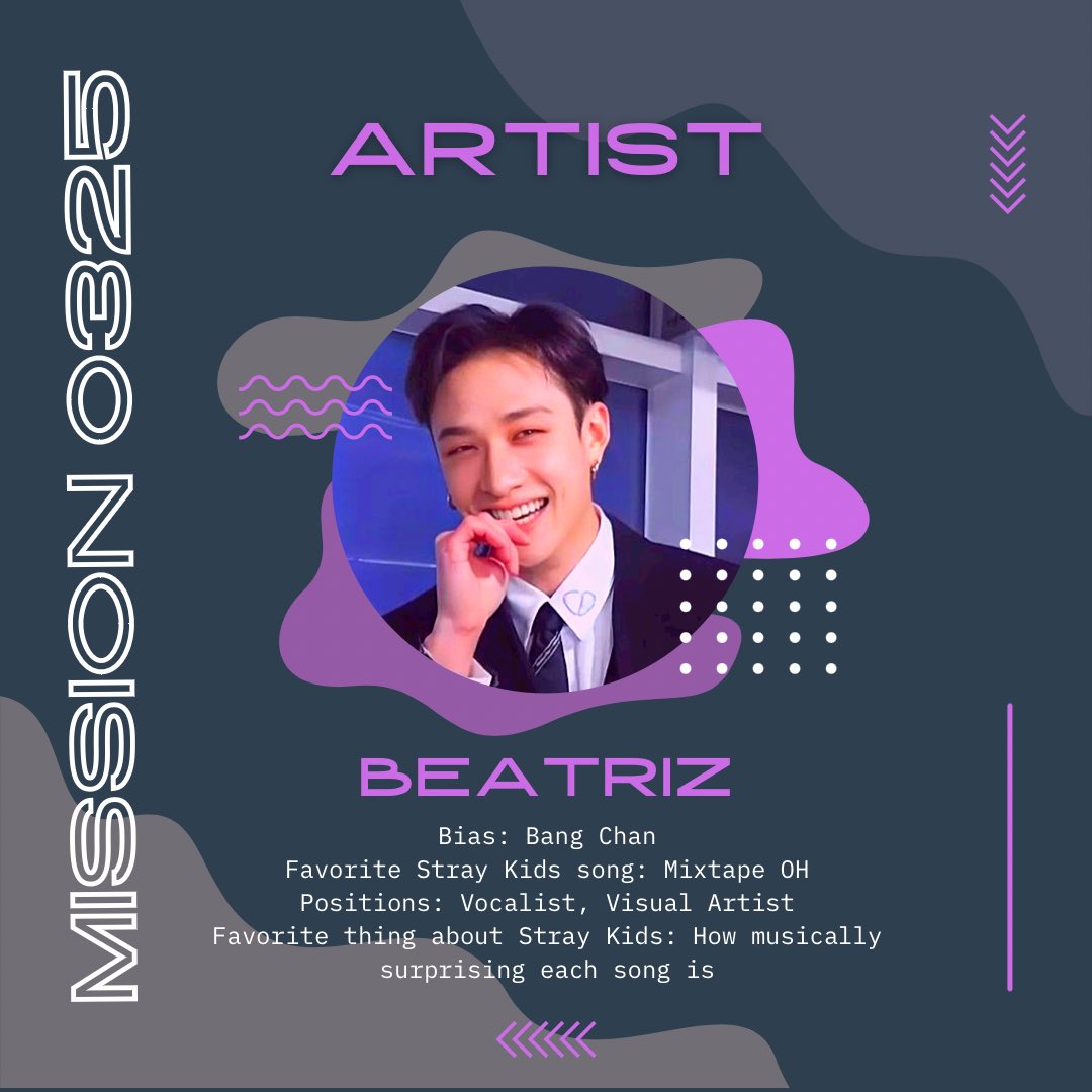 mission0325_'s tweet photo. MEET THE TEAM: Beatriz
Bias: Bang Chan
Fav SKZ song: Mixtape OH
Positions: Visual artist, vocalist
Fav thing about SKZ: how musically surprising each song is

#mission0325 #straykids #bangchan #fanproject https://t.co/pQ1Vi7kHoq