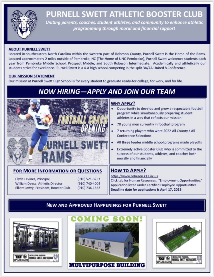 ChrisStilesRob's tweet photo. From Purnell Swett: information for anyone interested in applying for their football head coaching position https://t.co/rIPjgyhcX4