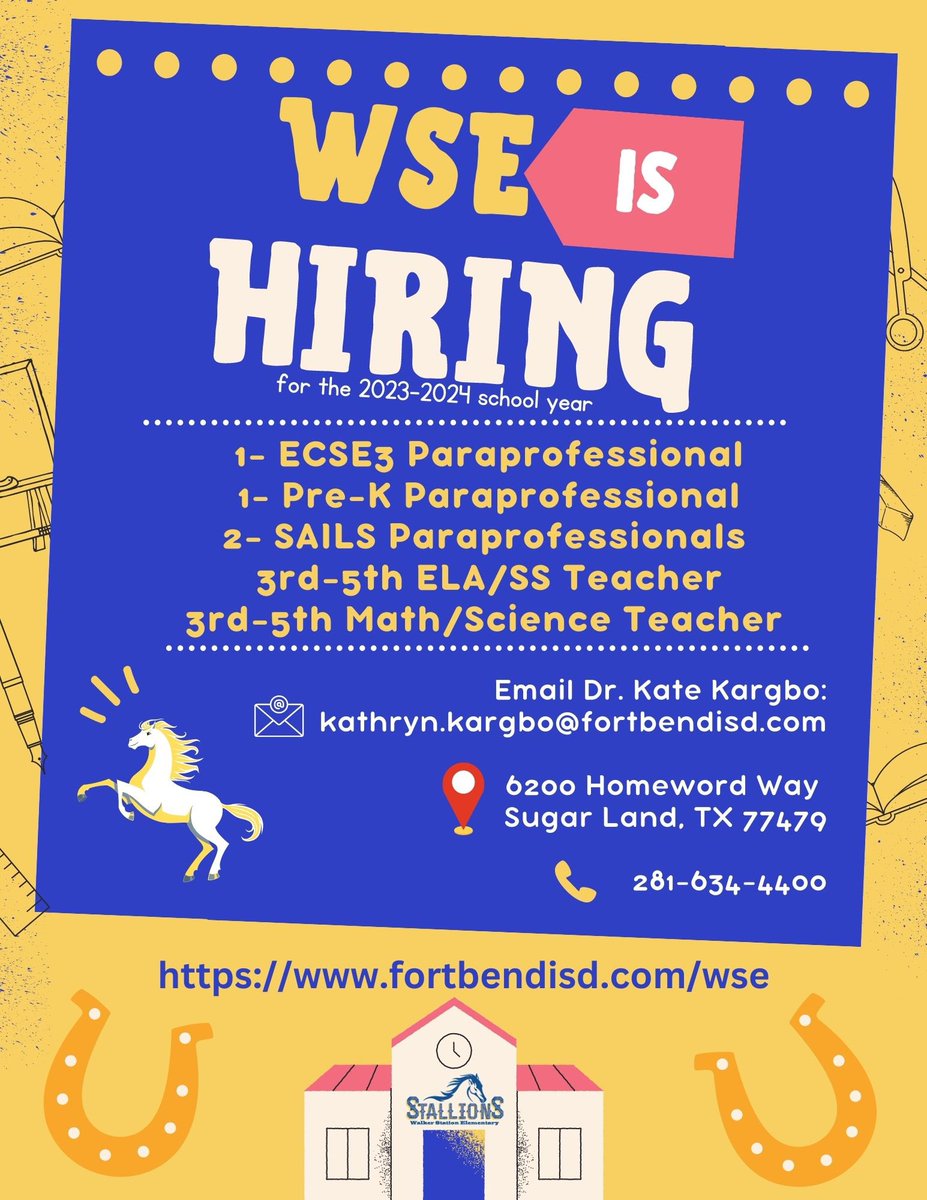WSE is adding some new positions for next school year! 💙💛Please reach out if you are interested in any of these opportunities. 💙💛@FortBendISD @FBISDTopTalent @WSE_Stallions @WSE_PTO