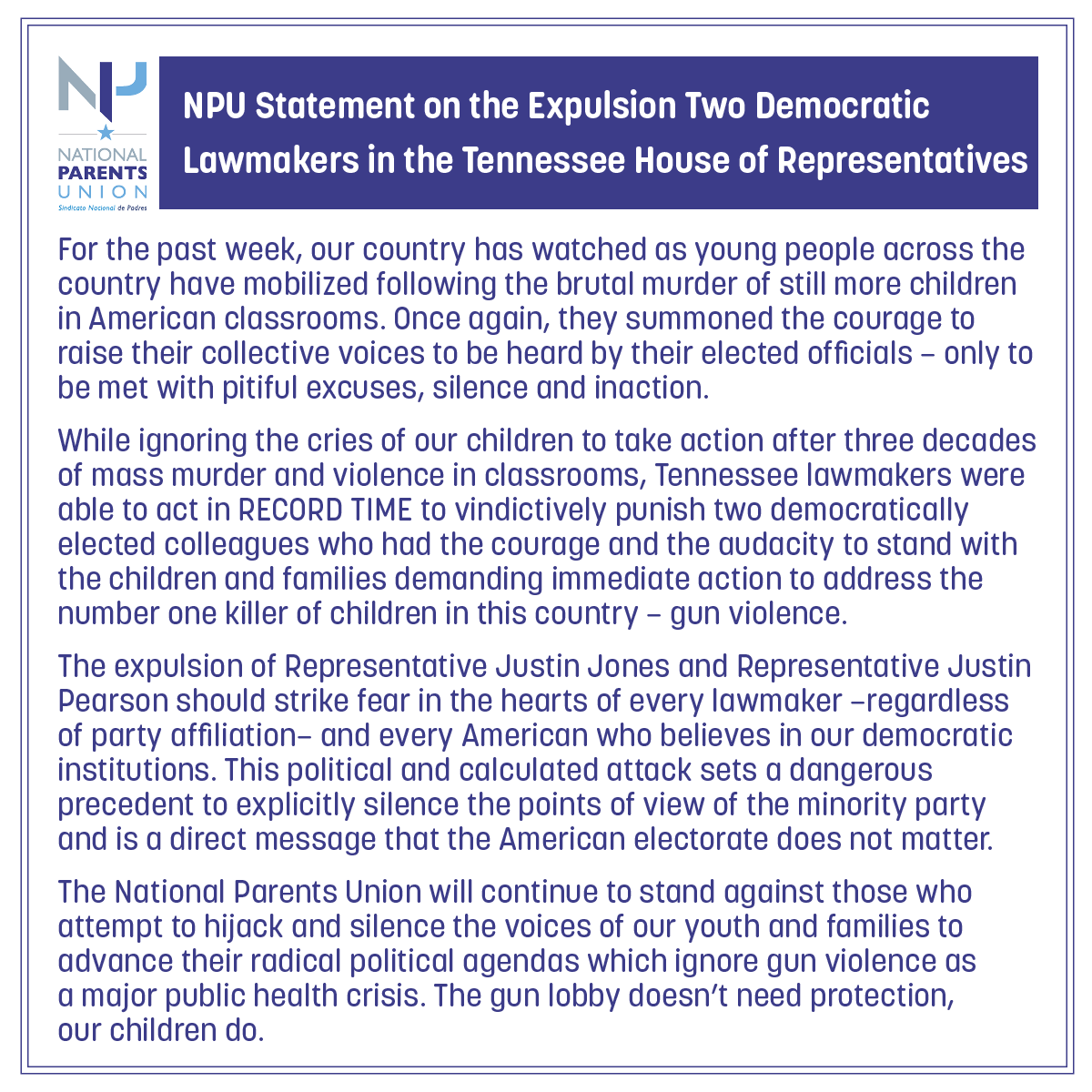 NationalParents's tweet photo. The expulsion of @brotherjones_ and @Justinjpearson should strike fear in the hearts of every lawmaker. We will continue to stand against those who attempt to hijack/silence the voices of our youth. The gun lobby doesn’t need protection, our children do. #TennesseeThree https://t.co/3boGnyuClO