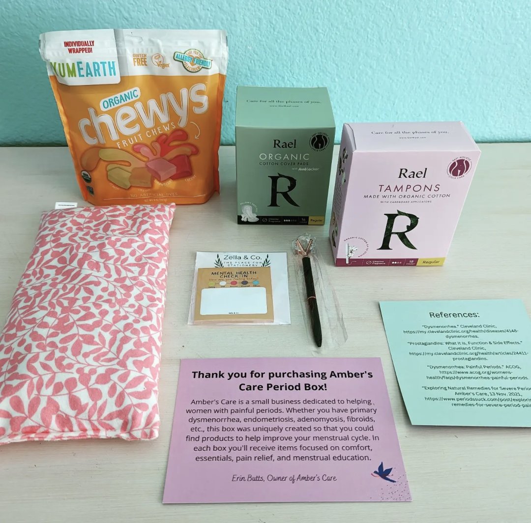 Amber's Care Period Box 📦 Items for comfort, pain relief, and education ❤️ Link in bio! #periodssuck #periodpain #giftsforher #periodcarepackage #periodbox #pmssnack #pms #pmdd #mentalhealth #menstrualeducation #womenshealth #supportsmallbusinesses