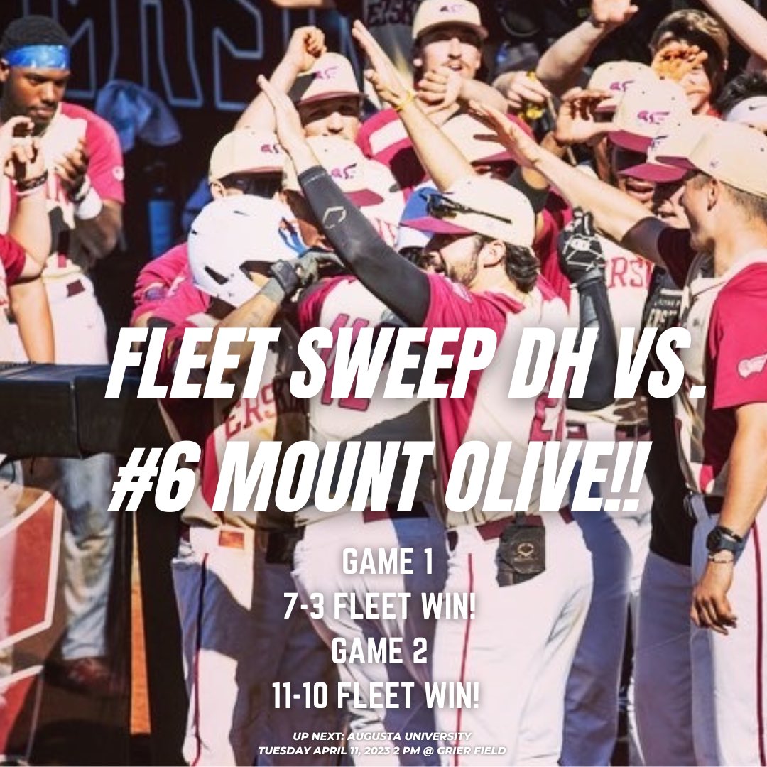 FleetBaseball's tweet photo. Erskine College Baseball @FleetBaseball Sweeps @ConfCarolinas DH Vs. #6 Mount Olive 7-3 &amp; 11-10 Walk-off! 
Game 1 W 7-3
Win Alegre (7) 
A. Smith 
2-4 GS 5 RBI 
Francis 2-4 RBI 
Game 2 W 11-10
Guest (2) 
Bacon 3-4 2 2B 
Becerra HR 3 RBI 
Rivera 2-4 2B 3 RBI 
#WheelsUp #ThePursuit https://t.co/vFyLFeSzPv