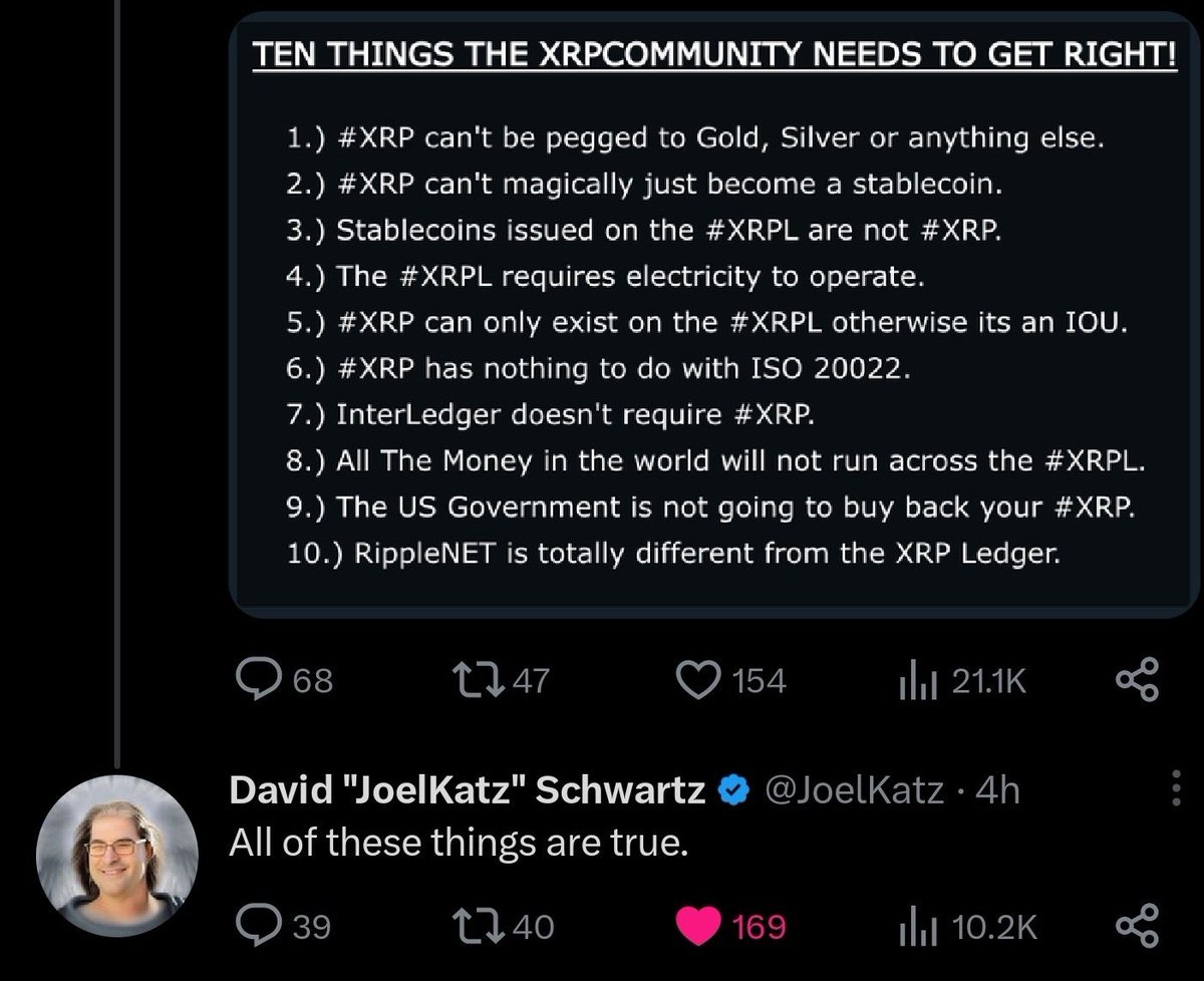 RippleXrpie's tweet photo. People have sent me this because they want to know my opinion...

1. #XRP will be a bridge currency for the new financial system which is backed by gold. 

2. XRP already is a stablecoin because the faster the transaction, the more stable an asset is.

3. True

4. True

5. True

6. It has to do with ISO20022 indirectly because ISO is required for the new digital financial system.

7. Interledger protocol connects different platforms to switch between different networks.

8. All the money will not run through the XRPL because there are different platforms like R3 which uses XRP as the first settlement mechanism.

9. No one will buy your XRPs, maybe me because you have no patience.

10. Yes, they can flip the switch to use XRP anytime.