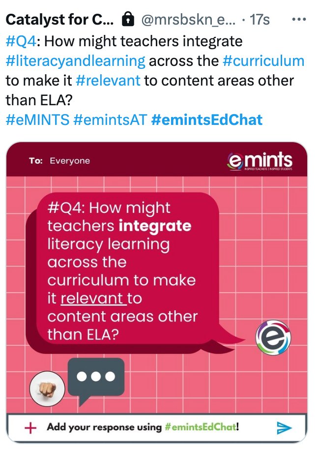 #Q4: How might teachers integrate #literacyandlearning across the #curriculum to make it #relevant to content areas other than ELA? #eMINTS #emintsAT #emintsEdChat