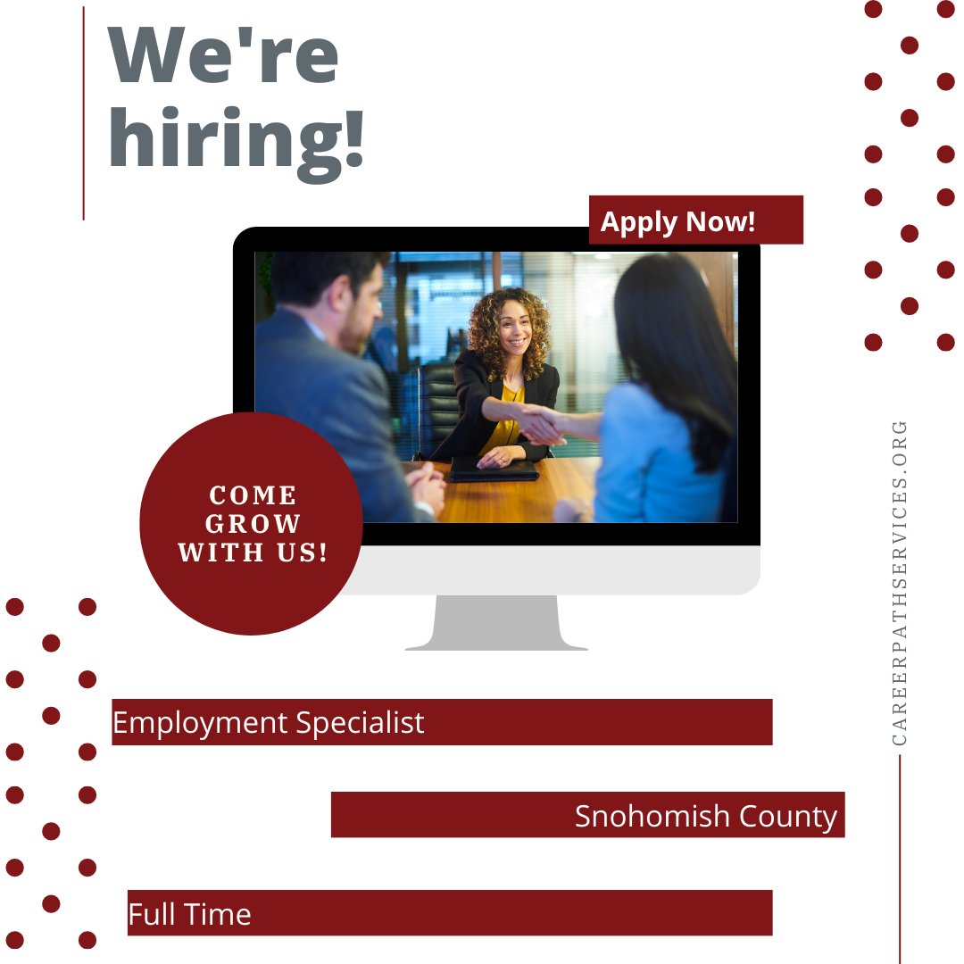 We are currently hiring a full-time Employment Specialist in Snohomish County to join us as an ambassador of hope. 

Visit careerpathservices.applicantstack.com/x/openings to apply!

#hiring #dignityofwork #heartwork #careers #jobseekers #snohomishcounty