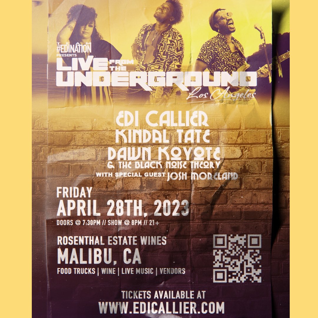 RosenthalWines's tweet image. Friday April 28th @ 8pm

Live From The Underground Live Music Event with EDI CALLIER, KINDAL TATE,  DAWN KOYOTE
(@edicallier @dawn.koyote @kindaltatemusic)

Tickets in the bio