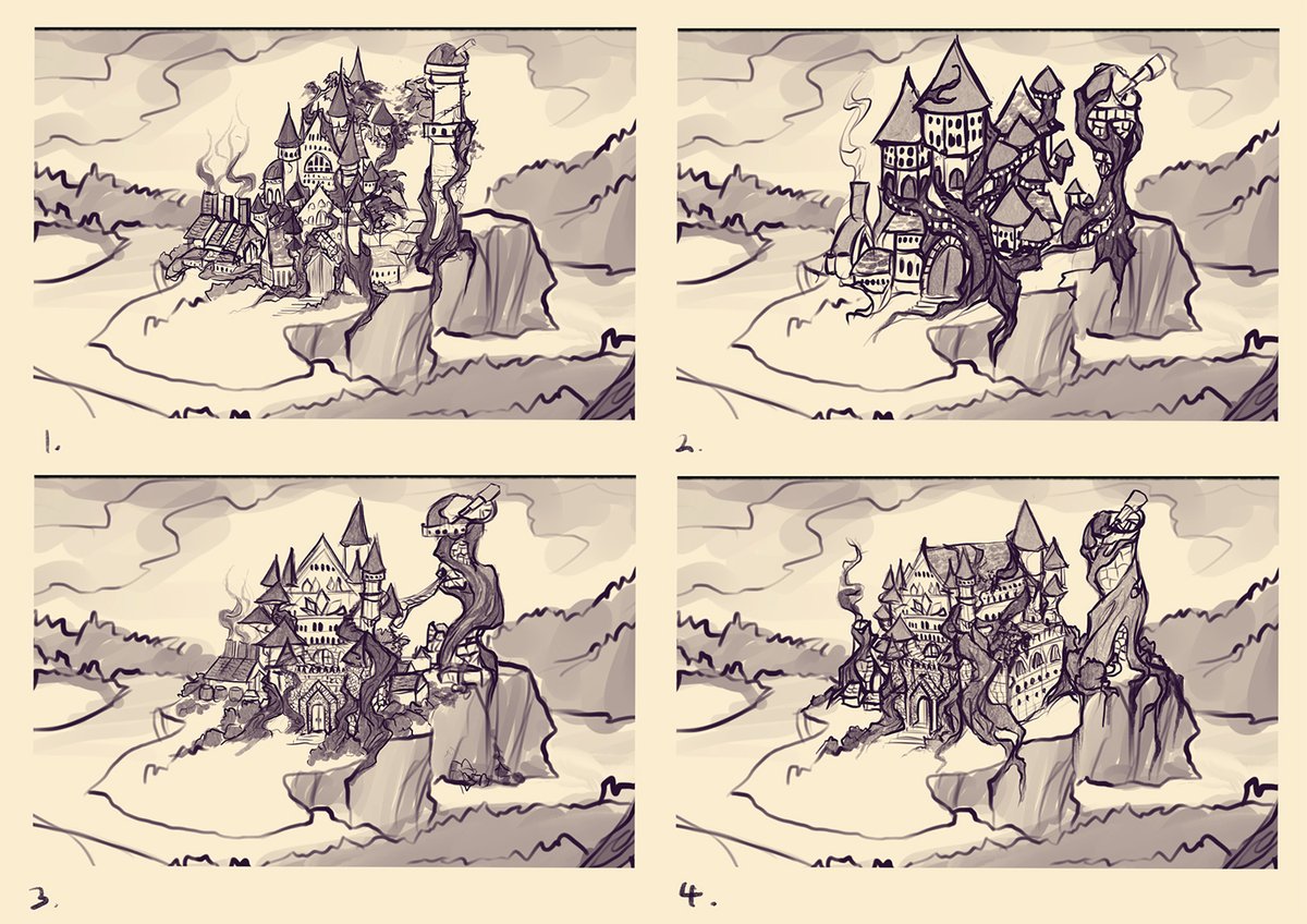 Throwback to these design thoughts from when I was planning the big painting I did for Faeforge Academy a few years back. Noodling foresty buildings was heaps of fun. 