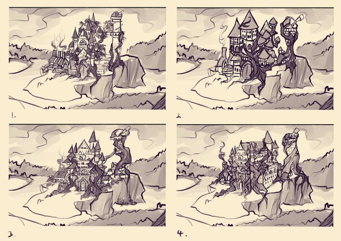 Throwback to these design thoughts from when I was planning the big painting I did for Faeforge Academy a few years back. Noodling foresty buildings was heaps of fun. 