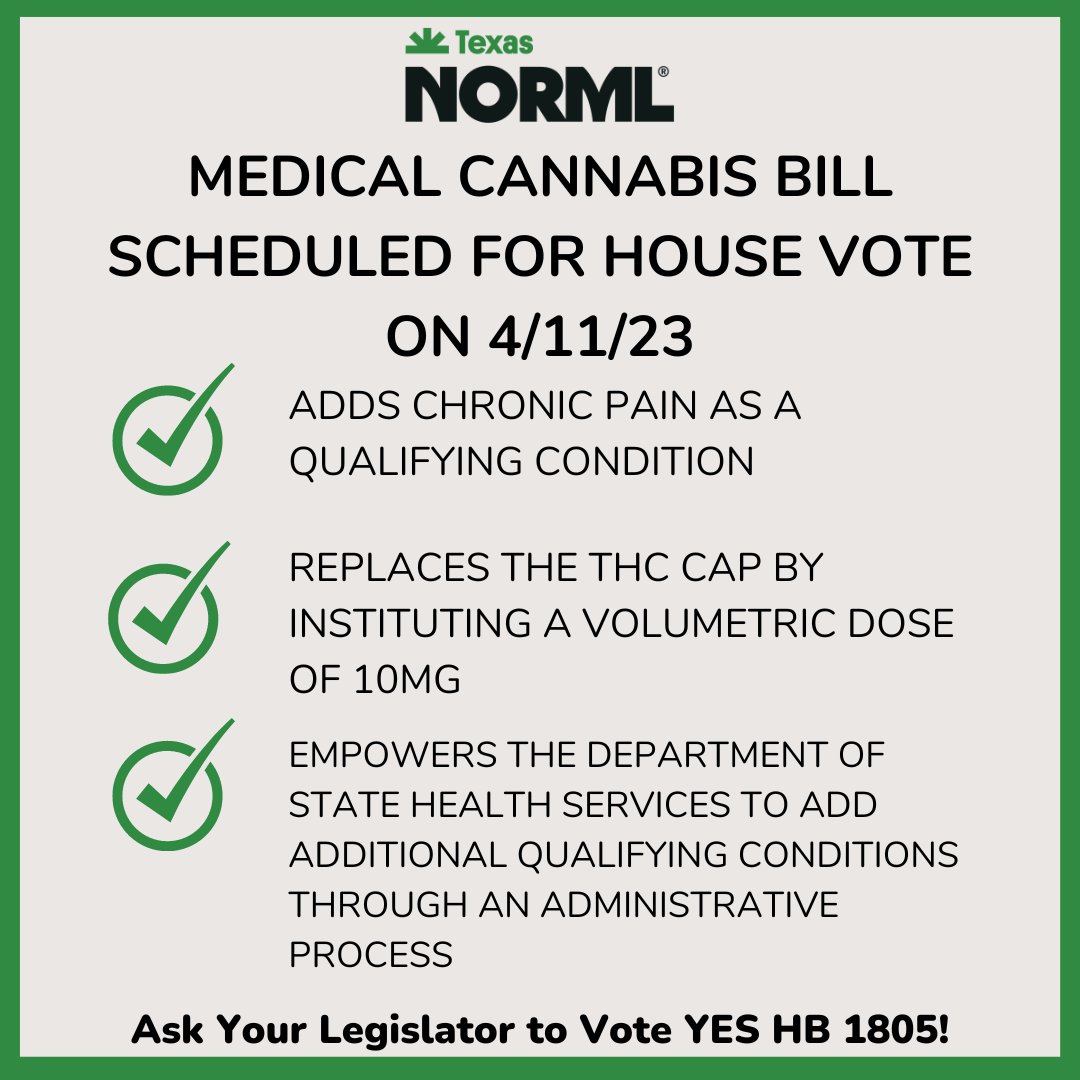 TexasNORML's tweet photo. Legislation to improve the #Texas Compassionate Use Program has been scheduled to be debated and voted on by the full House of Representatives on 4/11/23.

Ask your Representative to vote YES: https://t.co/H0DburlAei

#TexasNORML #NORML #TXLege https://t.co/1ZHV4ABDtA