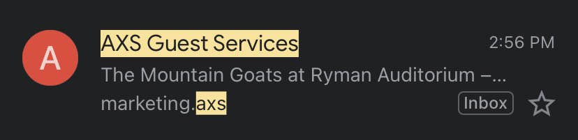Julesdoesstuff's tweet image. Hey @theryman attached is what the only email we got about the concert tonight being cancelled looks like. Went straight to spam too. Looks like a confirmation or reminder. Nobody opened it. People drove from out of town, got all the way there. Do better.