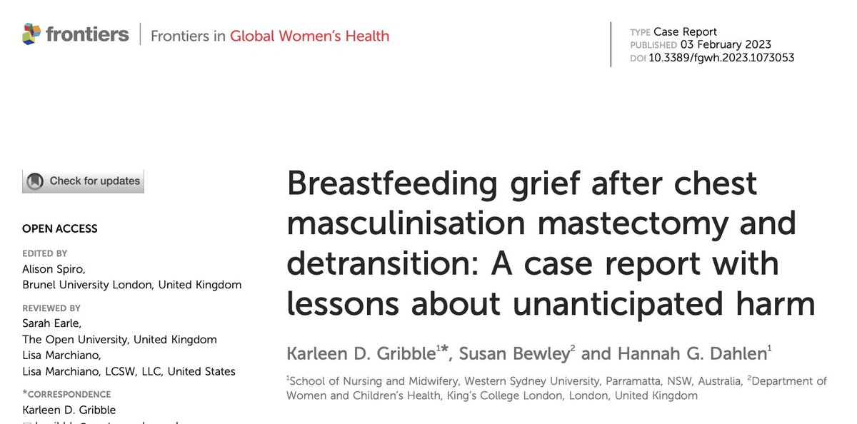 1/ When writing the detransition breastfeeding grief paper it was shocking to find that  guidance for health processionals (incl from WPATH and AusPATH) do not say that the impact of surgery on breastfeeding be discussed  with those considering it frontiersin.org/articles/10.33…