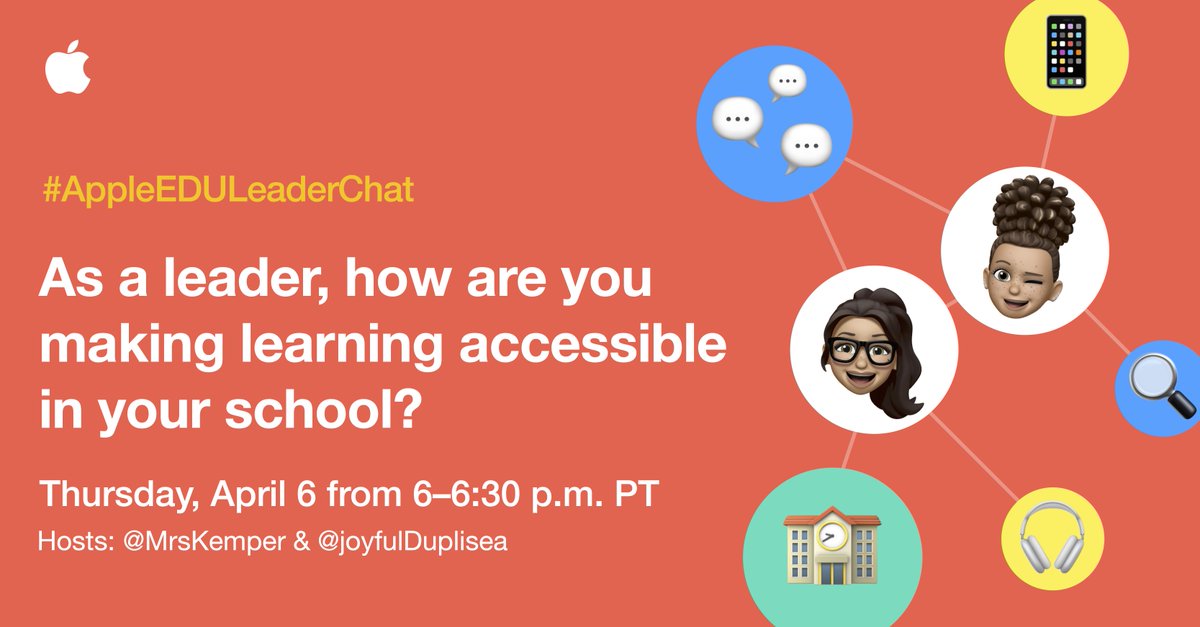 In T-10 minutes. #AppleEDULeaderChat 

➡️What are some ways you have improved accessibility in your school? 
➡️Share a tool or example that has made learning more accessible. 
➡️What resources do you reference for ideas to improve accessibility?
