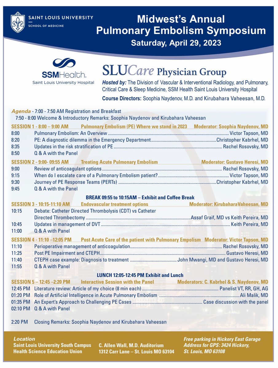 Keith Pereira MD, #VIrad (@keithppereira) on Twitter photo The Midwest Pulmonary Embolism Symposium 🫁 is back!
👨⚕️👩⚕️ Amazing panel discussing lastest advances in the medical and interventional Mx of PE!
🗓️ Saturday, 29th April
↪️ Register: slu.cloud-cme.com/course/courseo…
<a href="/vic_tapson/">Vic Tapson</a> <a href="/chriskabrhel/">Christopher Kabrhel</a> <a href="/RosovskyRachel/">Rachel Rosovsky</a> <a href="/PERTConsortium/">The PERT Consortium®</a> The Midwest Pulmonary Embolism Symposium 🫁 is back!
👨⚕️👩⚕️ Amazing panel discussing lastest advances in the medical and interventional Mx of PE!
🗓️ Saturday, 29th April
↪️ Register: slu.cloud-cme.com/course/courseo…
<a href="/vic_tapson/">Vic Tapson</a> <a href="/chriskabrhel/">Christopher Kabrhel</a> <a href="/RosovskyRachel/">Rachel Rosovsky</a> <a href="/PERTConsortium/">The PERT Consortium®</a>