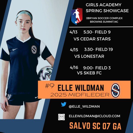 Excited to compete at the #GASpring Showcase in NC❗️
@SalvoSCGA @ImYouthSoccer @ImCollegeSoccer @mngirlssoccer @TopDrawerSoccer @PrepSoccer