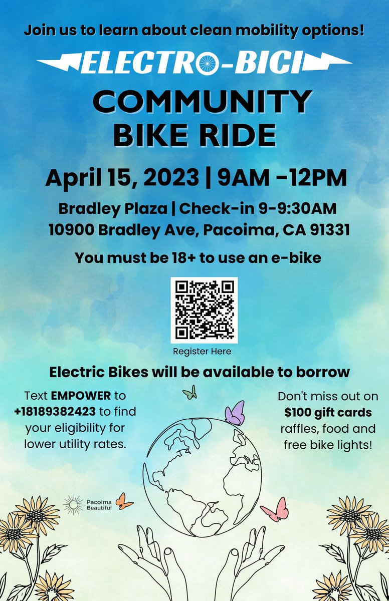 ELECTRO-BICI COMMUNITY BIKE RIDE EVENT organized by <a href="/PB__Community/">Pacoima Beautiful</a> is happening April 15th at Bradley Plaza in #Pacoima! 🚲 ⚡️