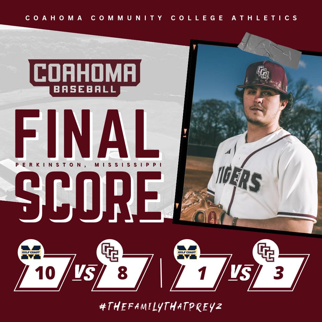 CoahomaSports's tweet photo. #CCCBaseball Here are the final scores from Perkinston. The Tigers split the night against MS Gulf Coast. #TheFamilyThatPreyz https://t.co/0K7QkRaMwj
